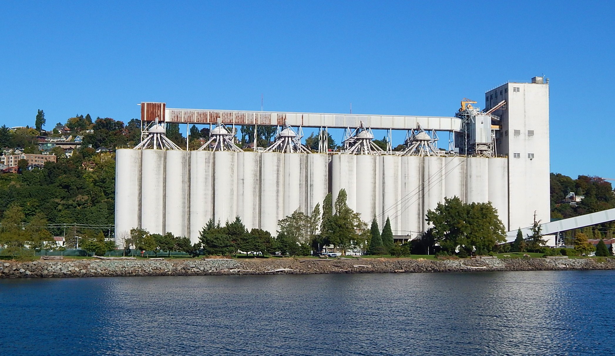 Large grain silos and loading structures at Seattle's waterfront grain terminal